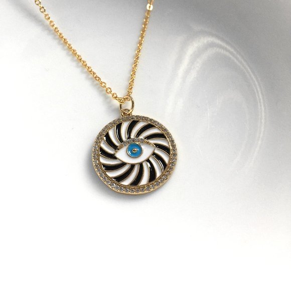 Gold Plated Evil Eye Cubic Zirconia Black White Enamel Charm Pendant Necklace - Picture 5 of 8